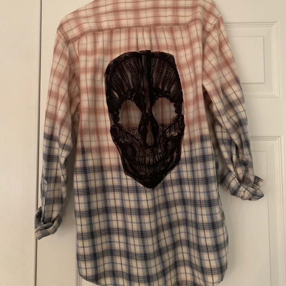Pink and Blue Flannel with skull on back